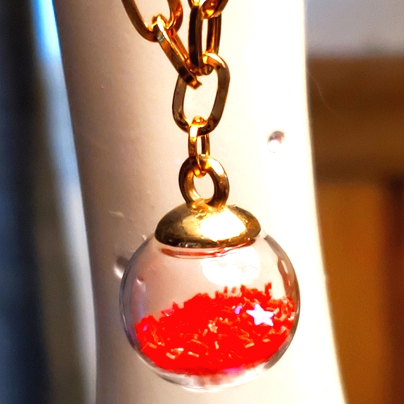 Glass ball pendant necklace & earrings set on gold chain with red sparkle stars. - Picture 2 of 8